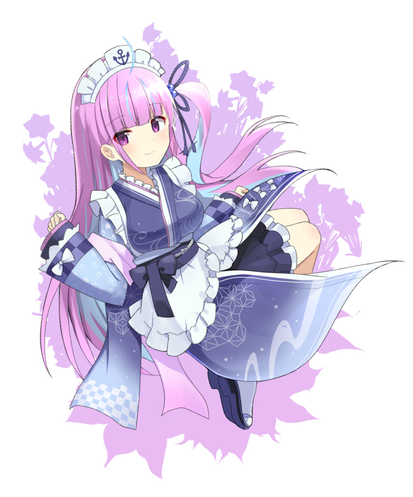 1girl, apron, aqua_hair, bangs, blue_hair, blue_kimono, blunt_bangs, breasts