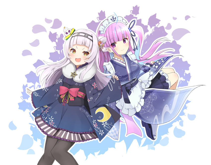 2girls, bangs, blue_hair, blue_kimono, blunt_bangs, blush, highres, hololive