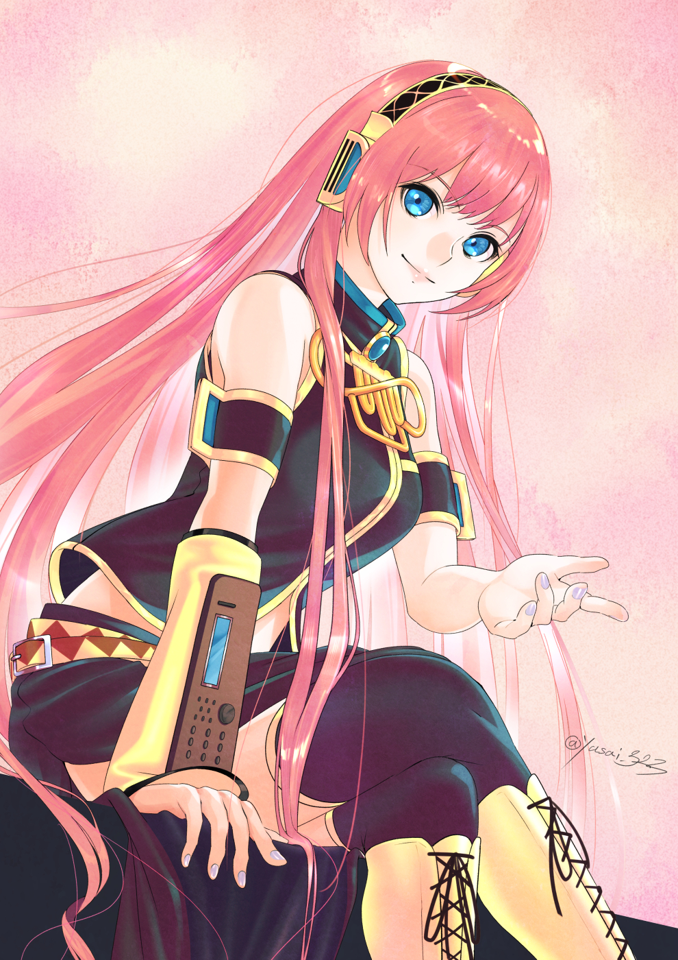 1girl, arm_support, armlet, bare_shoulders, belt, black_legwear, black_skirt, blue_eyes