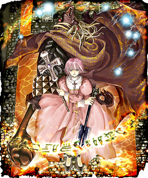 1girl, anubis, anubis_(ragnarok_online), bangs, belt, black_footwear, blonde_hair, bone, brown_cape, cape, closed_mouth, cobblestone, commentary_request, cross, cross_necklace, dress, dual_wielding, earrings, expressionless, eyebrows_visible_through_hair, full_body, high_priest_(ragnarok_online), holding, holding_weapon, jewelry, juliet_sleeves, long_hair, long_sleeves, looking_at_viewer, mace, magic, molten_rock, monster, necklace, open_mouth, pink_hair, puffy_sleeves, ragnarok_online, red_dress, red_eyes, ribs, runes, sae_(tistis), short_hair, studded_belt, teeth, weapon, zombie