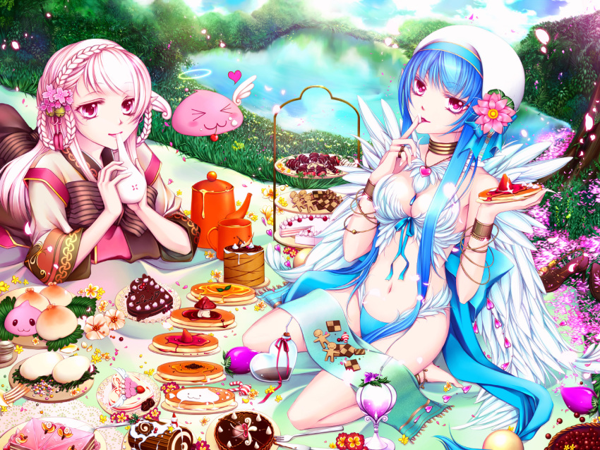 2girls, :3, angel_wings, angeling, bangle, bangs, baozi, barefoot