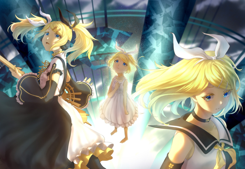 3girls, asymmetrical_clothes, bare_shoulders, barefoot, bass_guitar, blonde_hair, blue_eyes, bow