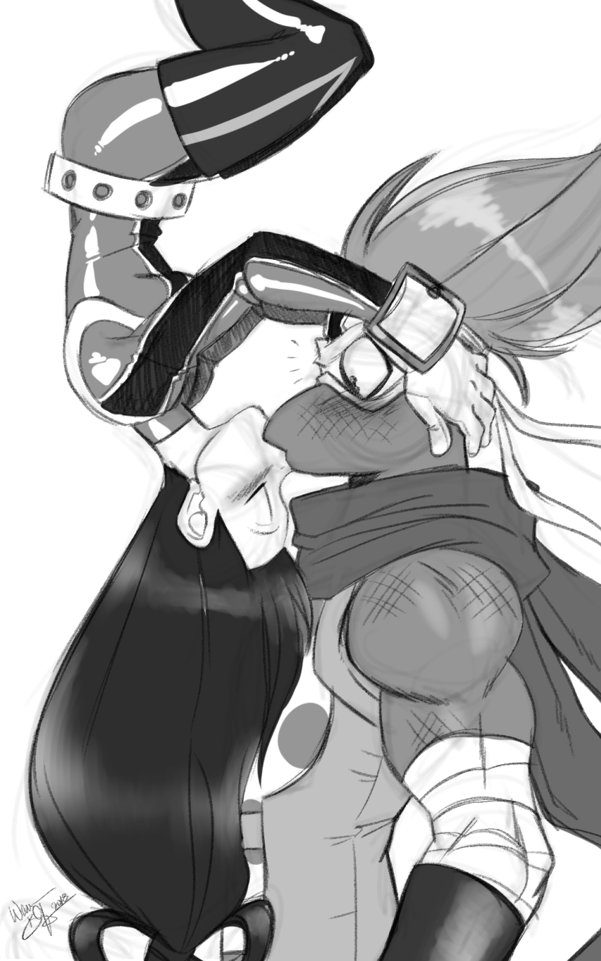 1boy, 1girl, asui_tsuyu, blush, bodysuit, boku_no_hero_academia, commission, highres, iguchi_shuuichi, long_hair, low-tied_long_hair, mask, shiny, shiny_hair, signature, simple_background, sketch, upside-down, upside-down_kiss, warren_blakely, white_background