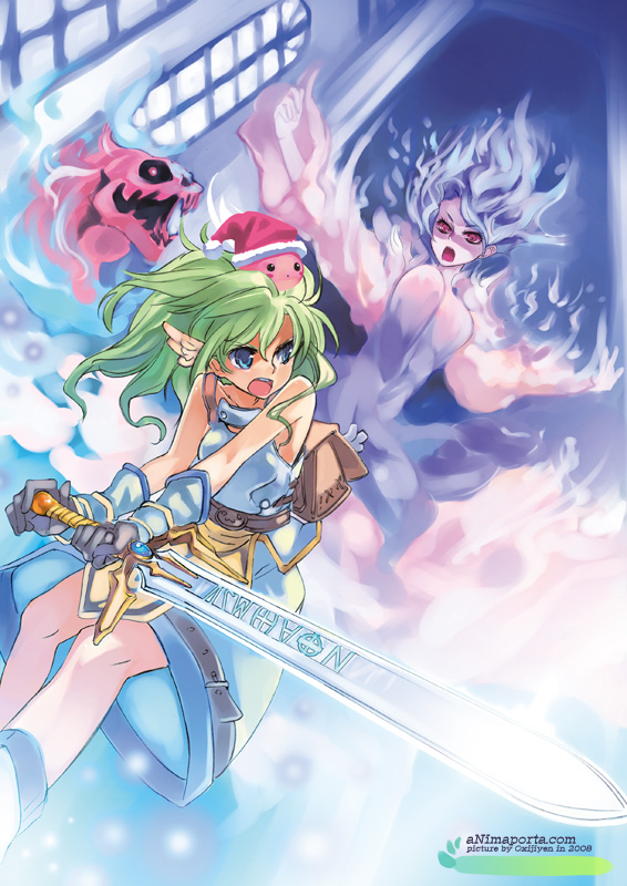 2girls, :3, armor, artist_name, backpack, bag, bangs, banshee_(ragnarok_online), belt, black_gloves, blue_eyes, blue_hair, breastplate, brown_belt, comiket, commentary_request, dated, dutch_angle, eyebrows_visible_through_hair, fantasy, feet_out_of_frame, ghost, gloves, green_eyes, hat, head_wings, hellhound_(ragnarok_online), holding, holding_sword, holding_weapon, indoors, long_hair, looking_at_another, looking_back, monster, multiple_girls, okishiji_en, open_mouth, poring, ragnarok_online, red_eyes, runes, santa_hat, shaded_face, shirt, skirt, slime_(creature), super_novice_(ragnarok_online), sword, teeth, weapon, white_shirt, white_skirt, window