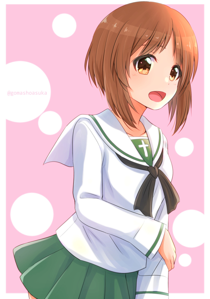 1girl, arm_grab, bangs, black_neckwear, blouse, brown_eyes, brown_hair, commentary