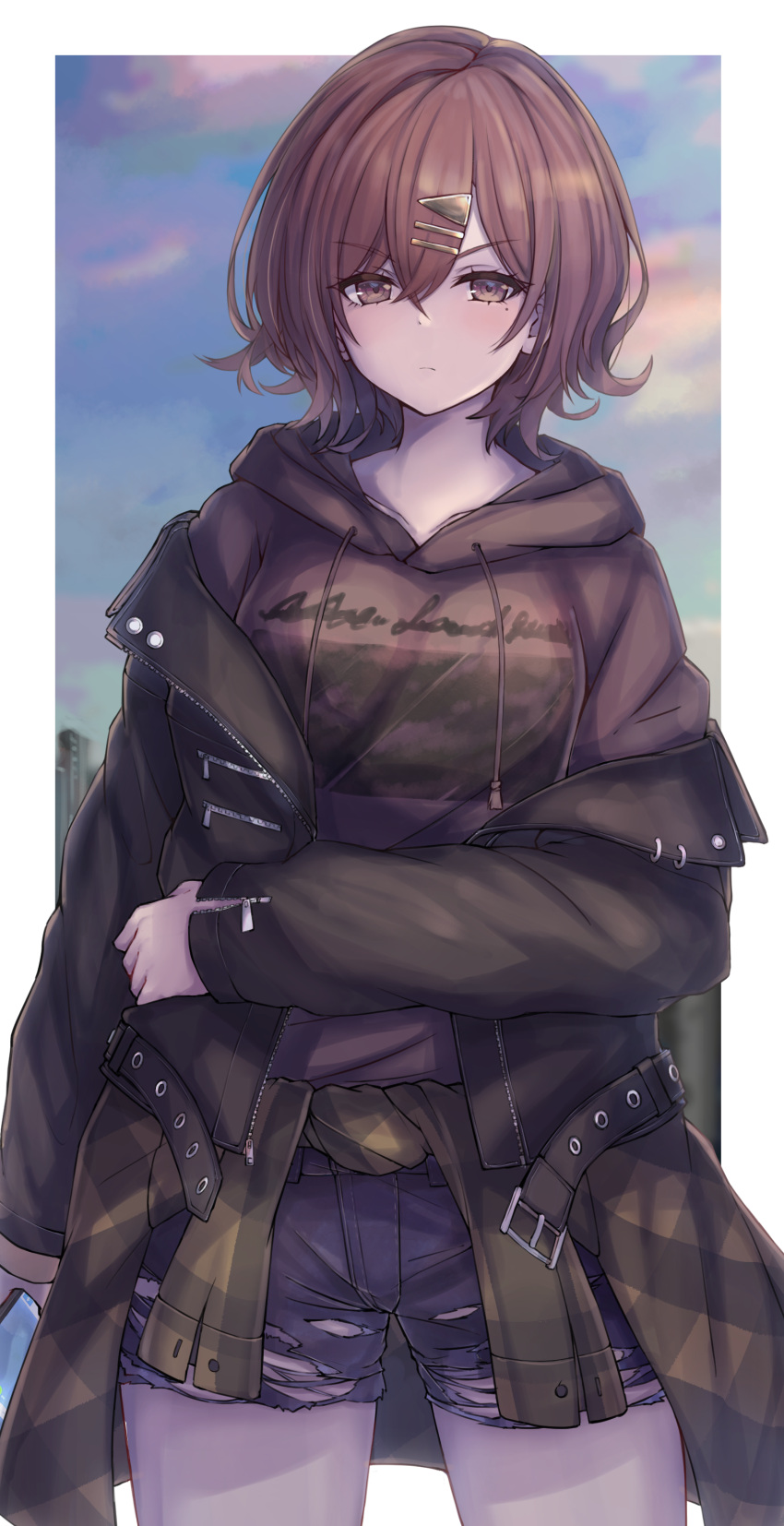 1girl, absurdres, arm_across_waist, bangs, border, brown_eyes, brown_hair, brown_hoodie