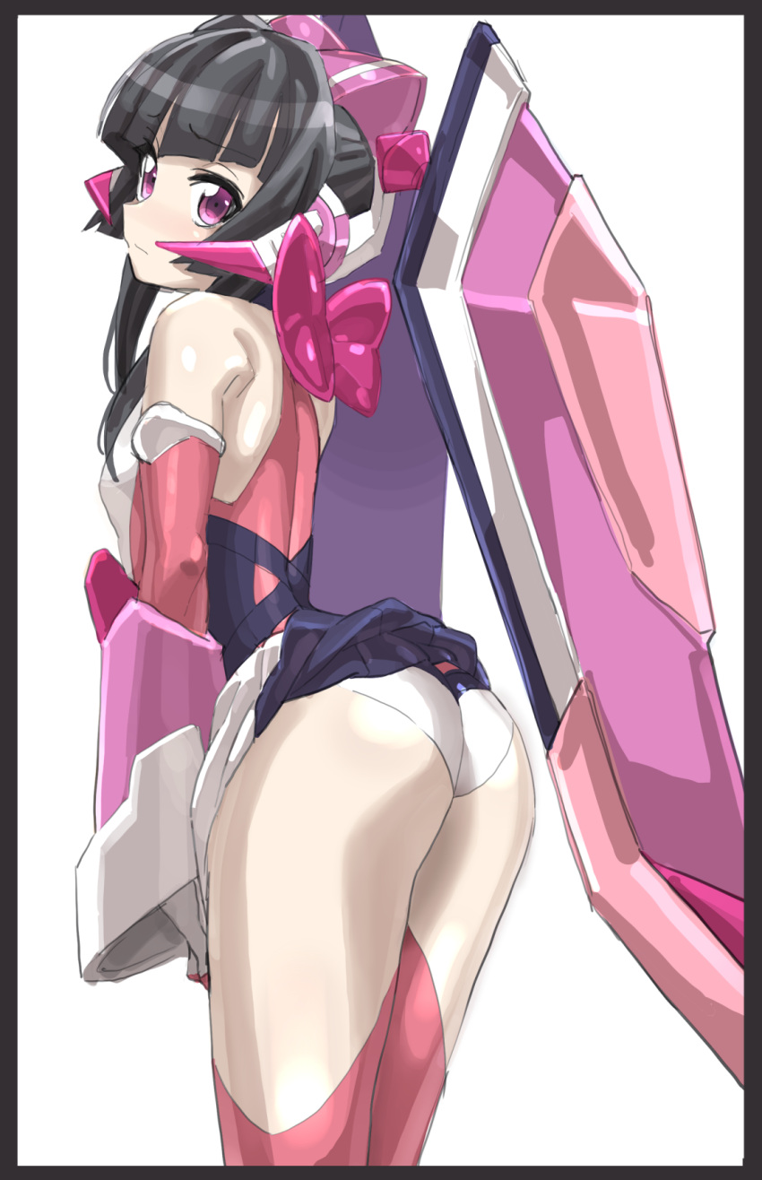 1girl, ass, bangs, black_hair, blunt_bangs, elbow_gloves, from_behind, gloves