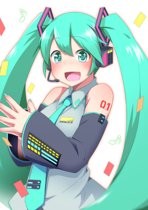 1girl, :d, aqua_eyes, aqua_hair, aqua_nails, aqua_neckwear, bangs, bare_shoulders