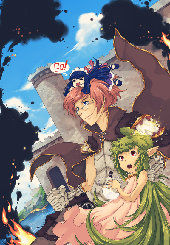 >_<, 1boy, 2girls, alice_(ragnarok_online), armor, belt, blue_dress, blue_eyes