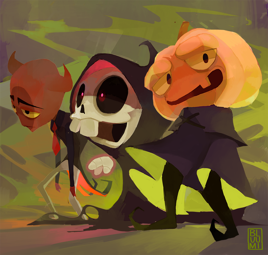 3boys, black_eyes, bluumi, closed_mouth, commentary, devil_(trigger_treat), english_commentary, halloween, horns, looking_at_viewer, male_focus, monster, multiple_boys, pumpkin_(trigger_treat), signature, skeleton, skeleton_(trigger_treat), standing, trigger_treat