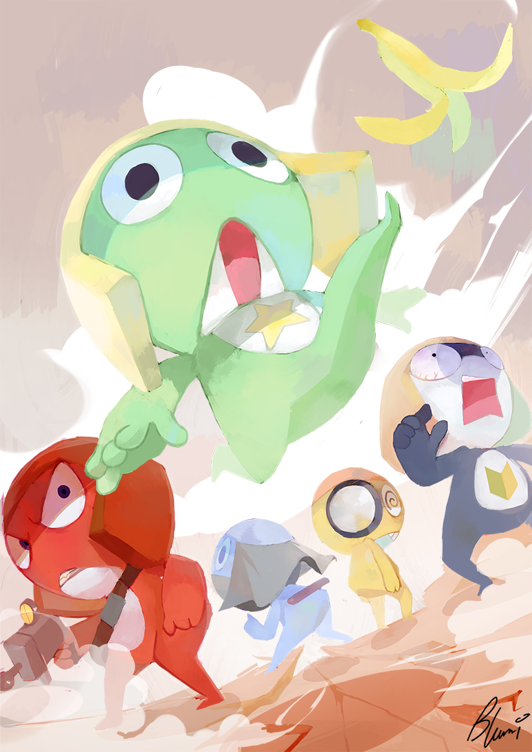 banana_peel, bluumi, character_request, commentary, falling, giroro, keroro_gunsou, looking_at_another