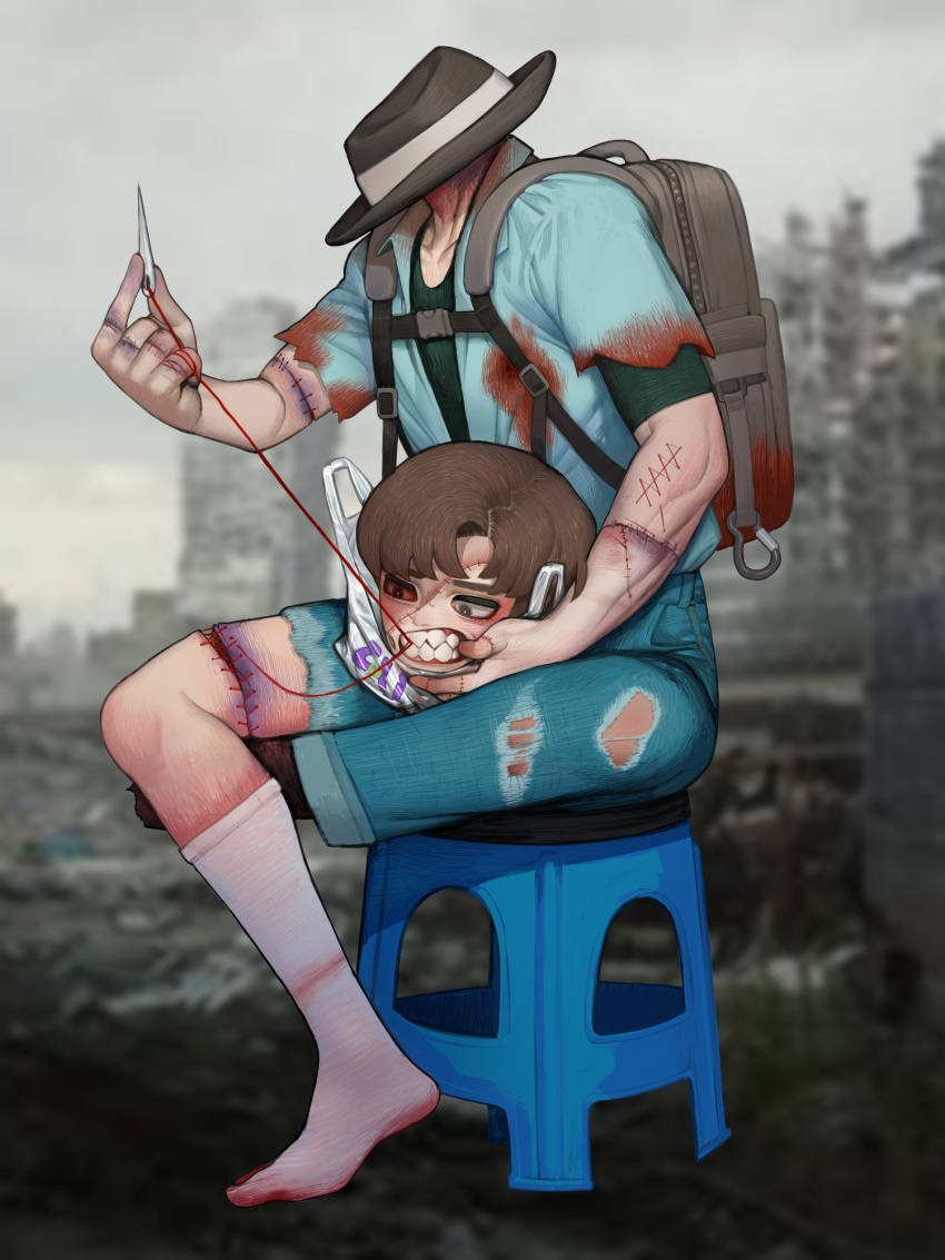 1boy, amputee, backpack, bag, black_eyes, blood, bloody_clothes, blue_shirt