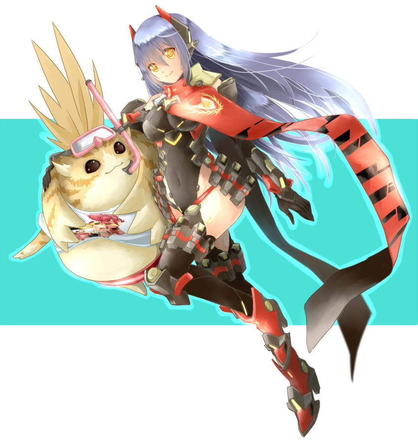 blue_hair, breasts, highres, joints, large_breasts, leotard, long_hair, mechanical_parts, poppi_(xenoblade), poppi_qtpi_(xenoblade), robot, robot_ears, robot_joints, scarf, shiroxai, tora_(xenoblade_2), xenoblade_chronicles_(series), xenoblade_chronicles_2
