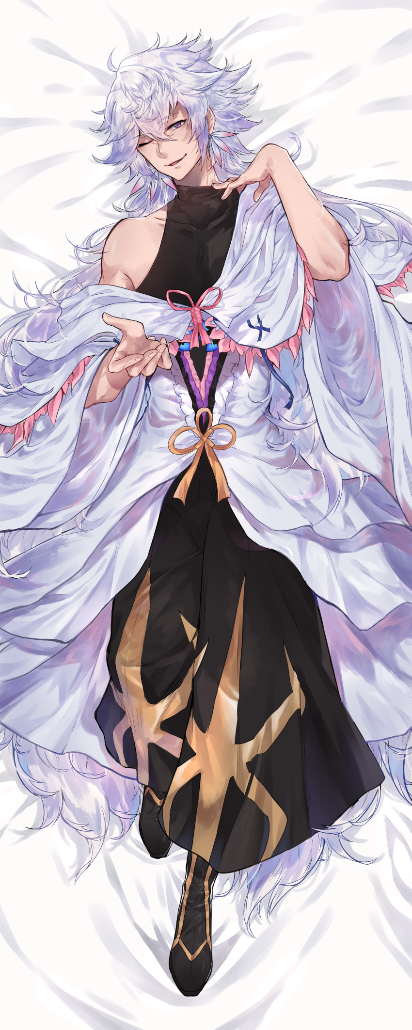 1boy, absurdres, ahoge, bangs, black_shirt, chan100577, dakimakura_(medium), fate/grand_order, fate_(series), hair_between_eyes, highres, huge_filesize, incredibly_absurdres, long_hair, looking_at_viewer, male_focus, merlin_(fate), one_eye_closed, robe, shirt, smile, solo, very_long_hair, violet_eyes, white_hair