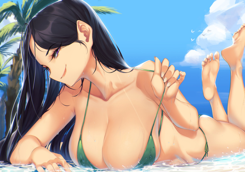 1girl, arm_support, bangs, barefoot, beach, bikini, bikini_tan, black_hair