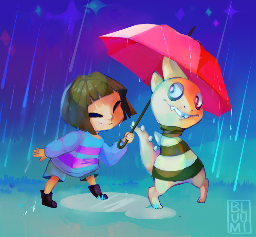 bluumi, closed_eyes, commentary, english_commentary, facing_another, frisk_(undertale), holding, holding_umbrella