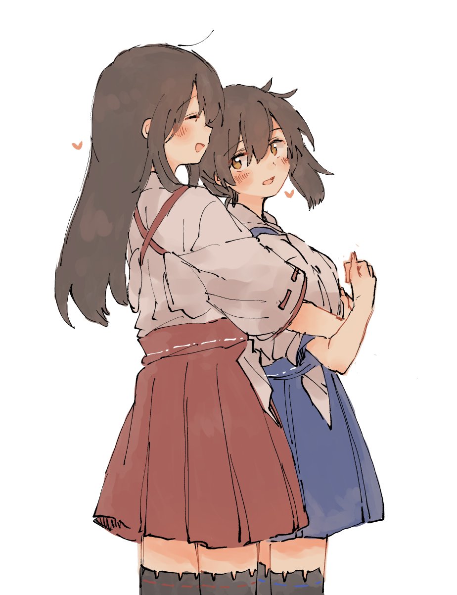 2girls, akagi_(kantai_collection), black_legwear, blue_hakama, brown_eyes, brown_hair, cowboy_shot, hakama, hakama_skirt, highres, hug, hug_from_behind, ina_(1813576), japanese_clothes, kaga_(kantai_collection), kantai_collection, kimono, long_hair, multiple_girls, red_hakama, remodel_(kantai_collection), side_ponytail, simple_background, standing, tasuki, thigh-highs, white_background, white_kimono