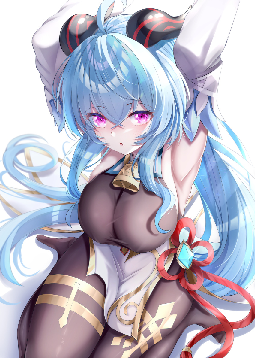 1girl, absurdres, ahoge, armpits, arms_up, bell, black_legwear, breasts, cowbell, detached_sleeves, ganyu_(genshin_impact), genshin_impact, highres, horns, large_breasts, long_hair, open_mouth, pantyhose, simple_background, solo, takemura-kou0606, very_long_hair, violet_eyes, white_background