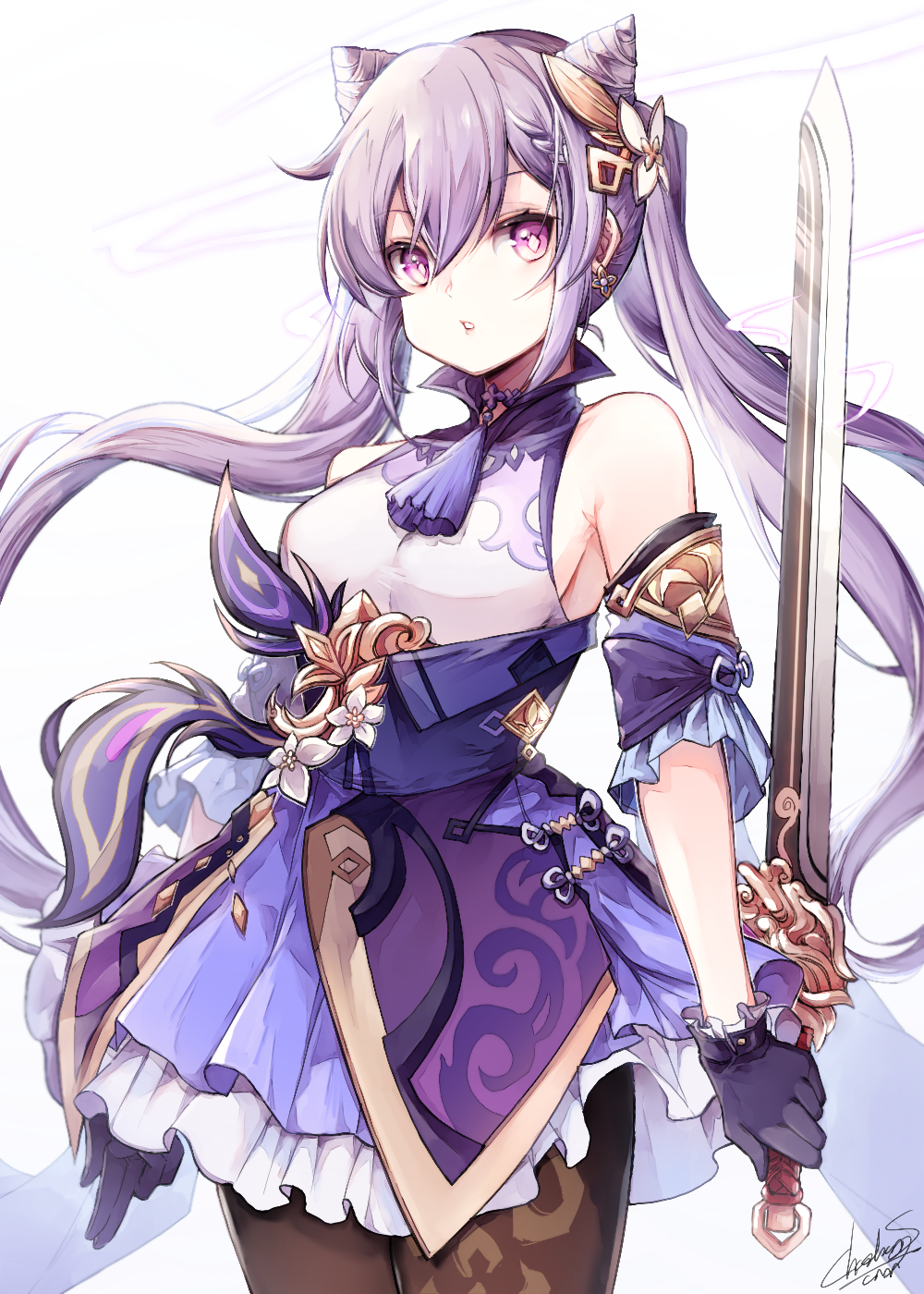 1girl, bare_shoulders, black_legwear, braid, breasts, chachong_sama, cowboy_shot, detached_sleeves