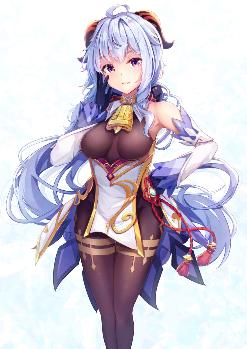 1girl, :d, ahoge, bell, black_legwear, blue_hair, blush, bow