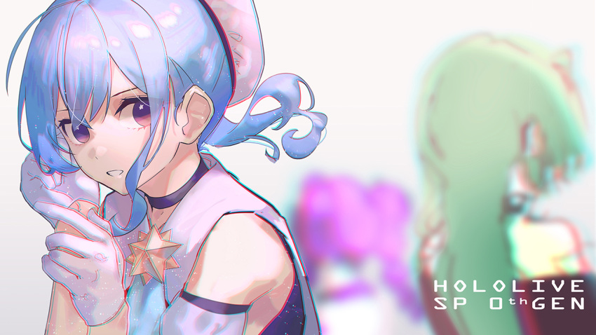 3girls, bangs, black_choker, blue_hair, blurry, blurry_background, borrowed_design, choker