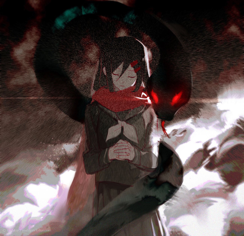 1girl, black_hair, closed_eyes, enpera, film_grain, hair_ornament, hairclip, hands_clasped