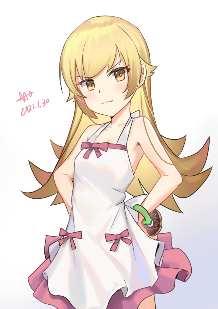 1girl, bakemonogatari, blonde_hair, blush_stickers, bow, bracelet, breasts, dated