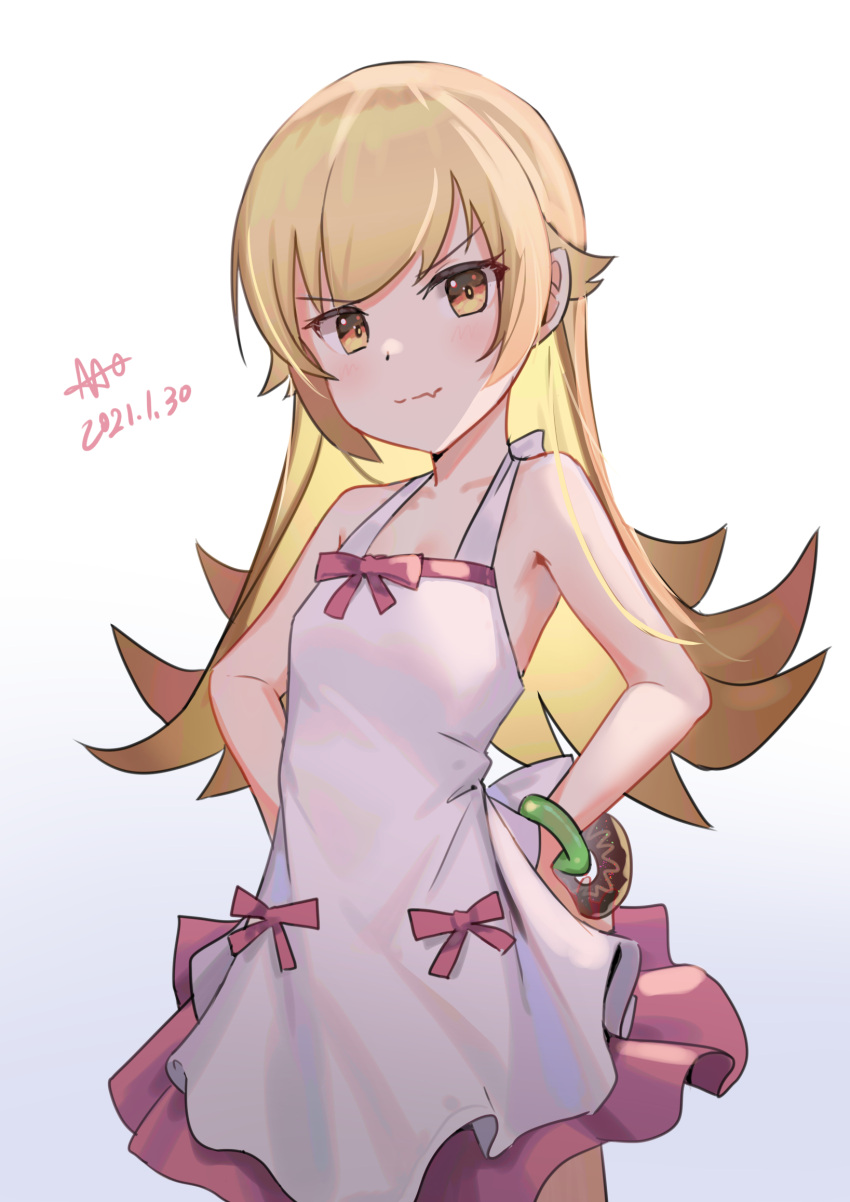 1girl, bakemonogatari, blonde_hair, blush_stickers, bow, bracelet, breasts, dated