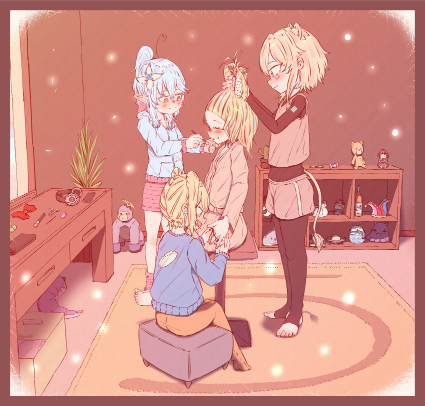 4girls, absurdres, alternate_costume, animal_ears, ankimo_(tokino_sora), applying_makeup, asacoco, blush