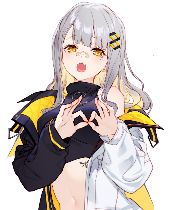 1girl, :o, bandaid, bandaid_on_nose, bare_shoulders, black_shirt, breasts, crop_top