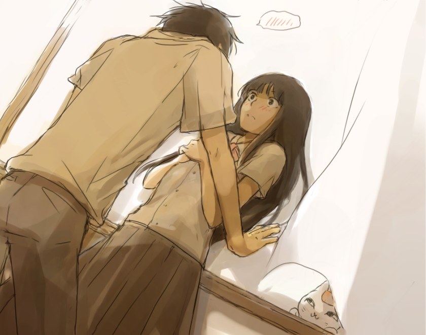 black_eyes, black_hair, blush, cat, courage, crossover, kazehaya_shouta, kimi_ni_todoke, kuronuma_sawako, natsume_yuujinchou, nyanko, school_uniform, shirotaka, shirotaka_(shirotaka), skirt