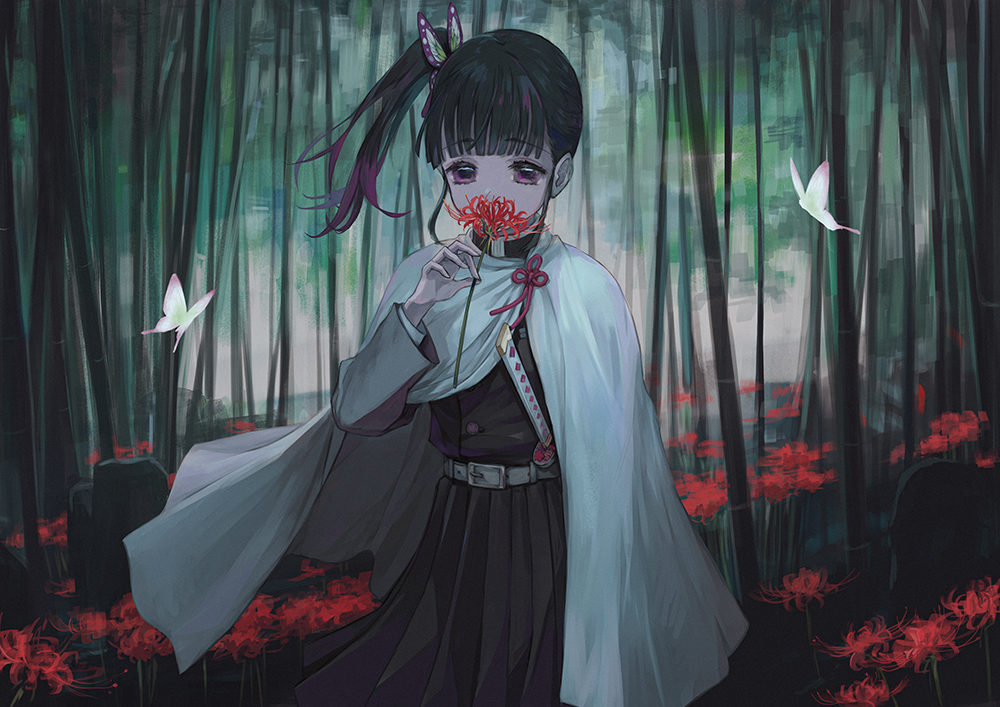1girl, bamboo, bamboo_forest, bangs, black_hair, black_jacket, black_skirt, blunt_bangs