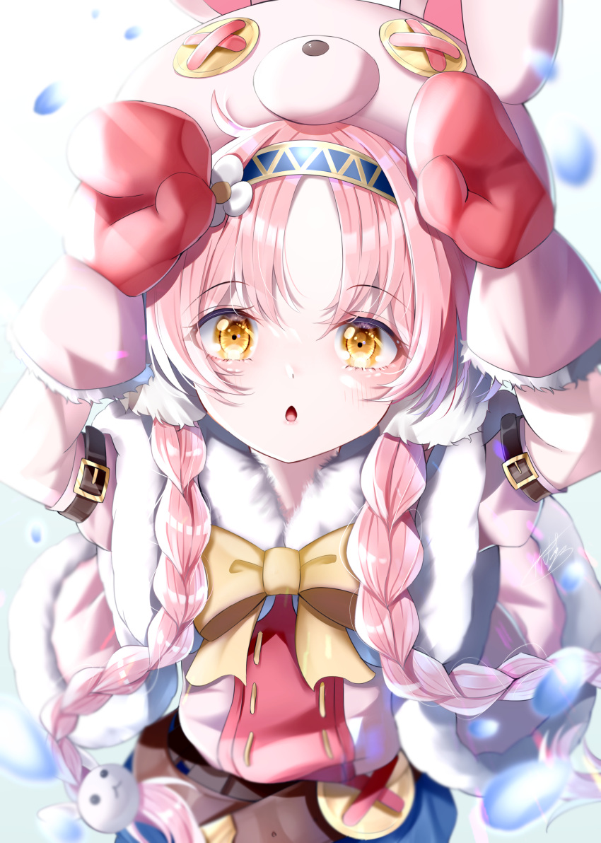 1girl, :o, absurdres, ahoge, animal_hat, arms_up, bangs, blurry