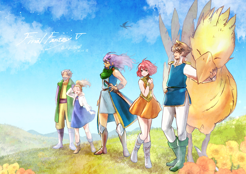 2boys, 3girls, absurdres, beard, blonde_hair, blue_tunic, boco, boots, brown_hair, butz_klauser, chocobo, clouds, copyright_name, dated, facial_hair, faris_scherwiz, field, final_fantasy, final_fantasy_v, flower, flower_field, galuf_halm_baldesion, grass, headband, highres, hiryuu_(ff5), huge_filesize, komugiko_no_mori, krile_mayer_baldesion, lenna_charlotte_tycoon, long_hair, multiple_boys, multiple_girls, pink_hair, ponytail, purple_hair, short_hair, signature, skirt, sky, sword, weapon, wind, wind_lift