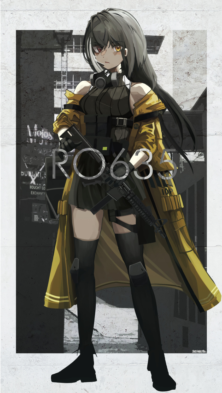 1girl, absurdres, bag, black_footwear, black_gloves, black_hair, black_legwear, breasts, building, character_name, charm_(object), closed_mouth, dated, eyebrows_visible_through_hair, full_body, gas_mask, girls_frontline, gloves, gun, headset, heterochromia, highres, holding, holding_gun, holding_weapon, jacket, kanoe_(kanoe502), knee_pads, lanyard, long_hair, magazine_(weapon), mask, mask_around_neck, mod3_(girls_frontline), mouth_mask, multicolored_hair, off_shoulder, official_alternate_costume, outdoors, pouch, red_eyes, ro635, ro635_(girls_frontline), skirt, sleeveless, solo, standing, streaked_hair, submachine_gun, thigh-highs, thigh_strap, weapon, white_hair, yellow_eyes, yellow_jacket