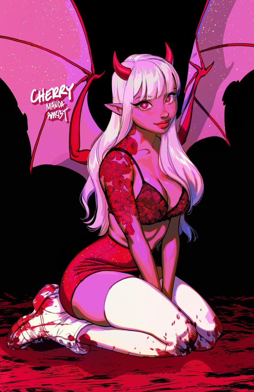 1girl, absurdres, black_background, blood, blood_splatter, bra, bright_pupils, cherry_(manda_schank)