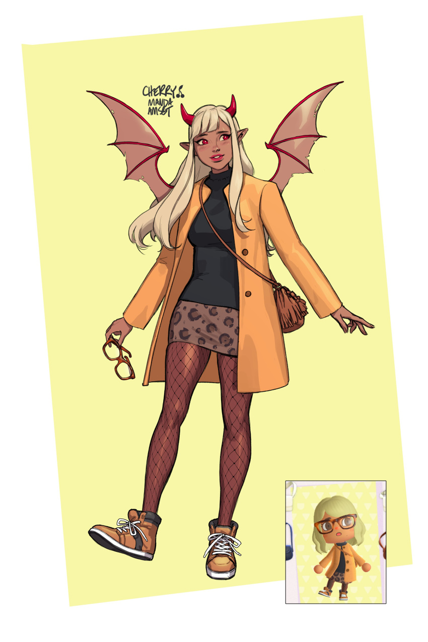 1girl, absurdres, animal_crossing, bag, black_shirt, blonde_hair, brown_bag, brown_footwear