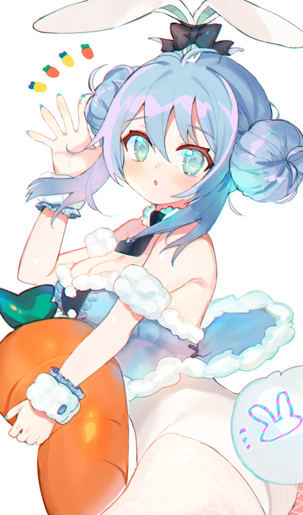 1girl, animal_ears, arm_strap, atsumi_jun, bicute_bunnies_miku, black_neckwear, blue_eyes, blue_hair