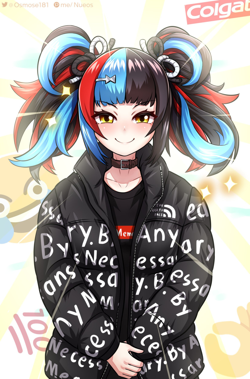 1girl, absurdres, belt_collar, black_hair, black_jacket, black_shirt, blue_eyes, blush