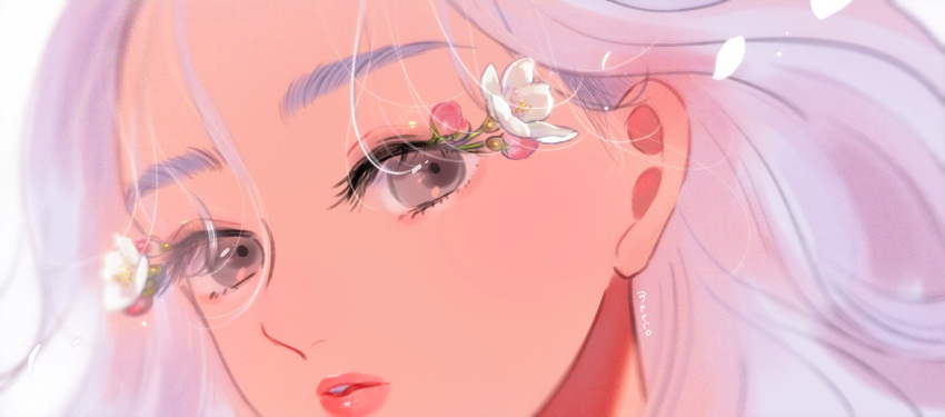 1girl, flower, grey_eyes, light_purple_hair, meecosme, original, parted_lips, petals