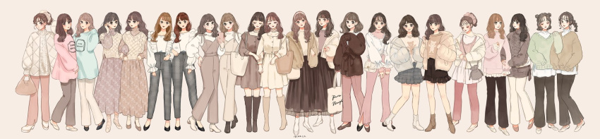 6+girls, aqua_shirt, bag, bangs, black_footwear, black_hair, black_pants, black_skirt, boots, brown_footwear, brown_hair, brown_pants, brown_shirt, brown_skirt, closed_eyes, frilled_shirt, frills, green_sweater, grey_pants, grey_skirt, highres, holding, holding_bag, holding_phone, jacket, jewelry, long_hair, long_image, long_skirt, long_sleeves, looking_at_viewer, meecosme, multiple_girls, original, pants, phone, pink_pants, pink_shirt, plaid, plaid_skirt, print_skirt, puffy_long_sleeves, puffy_sleeves, ring, shirt, shoes, short_hair, simple_background, skirt, sleeves_past_fingers, sleeves_past_wrists, smile, sweater, tan_background, white_footwear, white_pants, white_shirt, wide_image