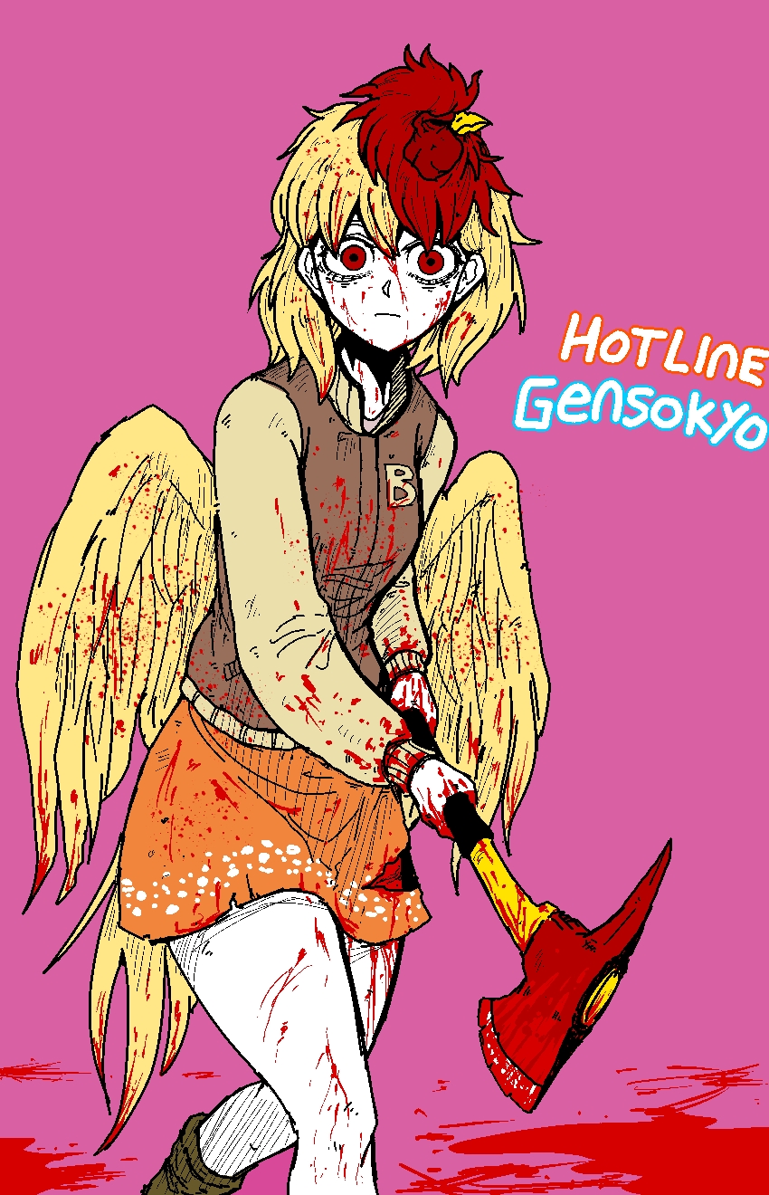 1girl, axe, bangs, bird_tail, blonde_hair, blood, bloody_axe, bloody_clothes, bloody_weapon, boots, brown_footwear, closed_mouth, commentary_request, cosplay, crossover, english_commentary, english_text, expressionless, feathered_wings, fire_axe, formicid, highres, holding, holding_axe, hotline_miami, jacket, jacket_(hotline_miami), jacket_(hotline_miami)_(cosplay), korean_commentary, letterman_jacket, looking_at_viewer, mixed-language_commentary, multicolored_hair, niwatari_kutaka, orange_skirt, parody, pink_background, red_eyes, redhead, richard_(hotline_miami), short_hair, simple_background, skirt, solo, touhou, two-tone_hair, weapon, wings