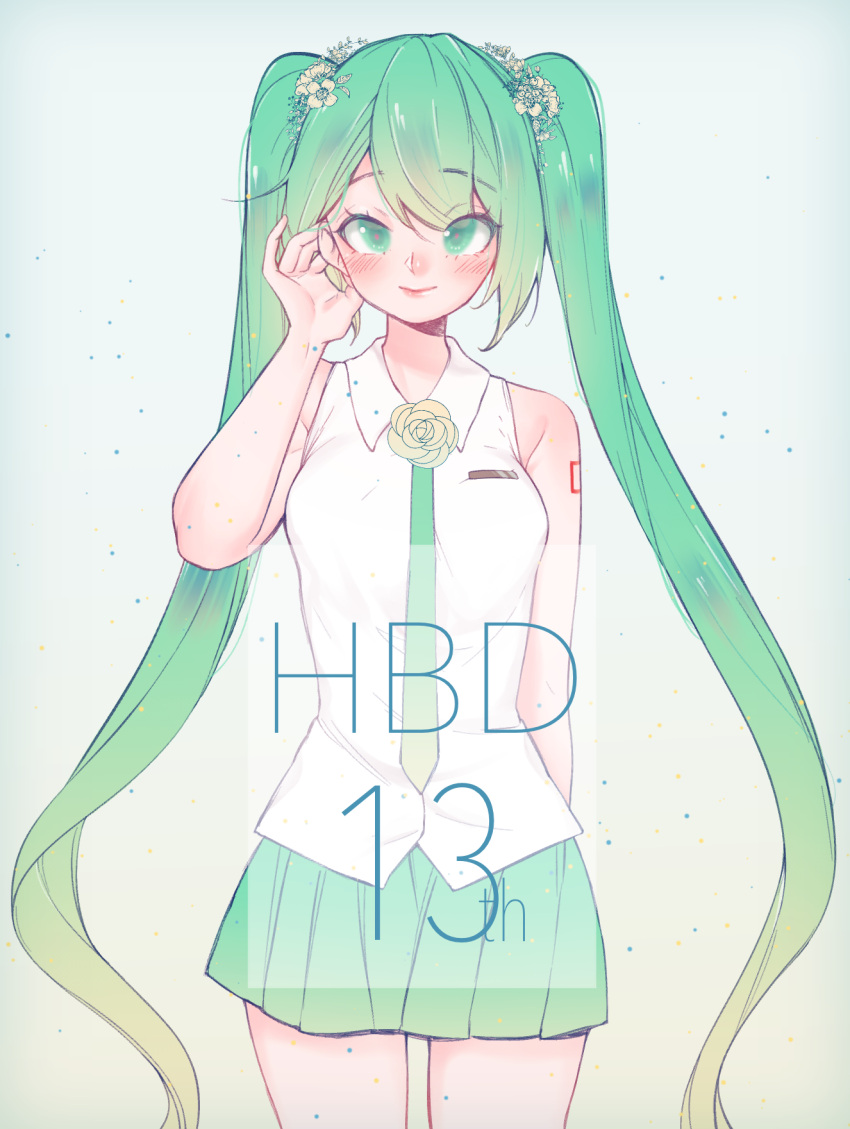 1girl, blush, collared_shirt, eyebrows_visible_through_hair, gradient_hair, gradient_neckwear, green_eyes, green_hair