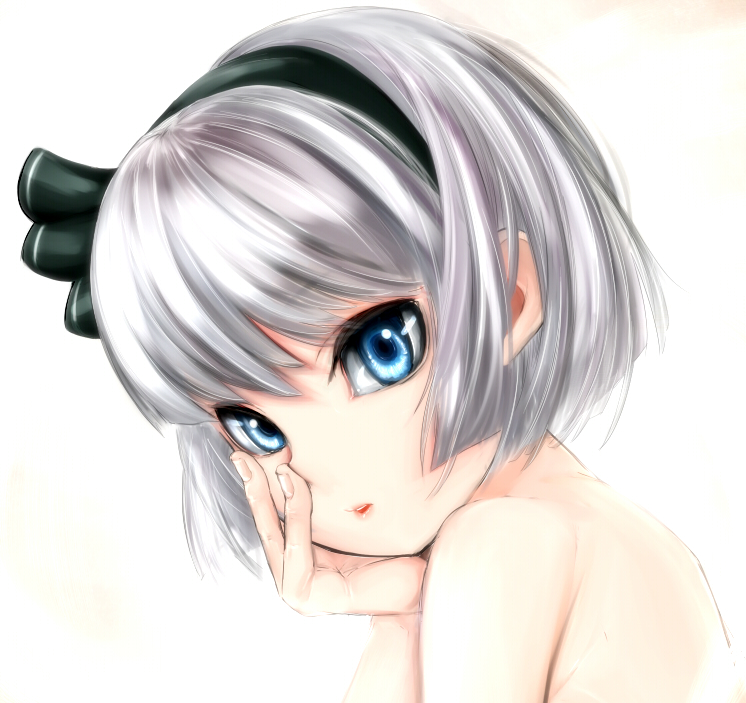 blue_eyes, bow, close-up, face, gamma_ray_burst, grey_hair, hair_bow, hands
