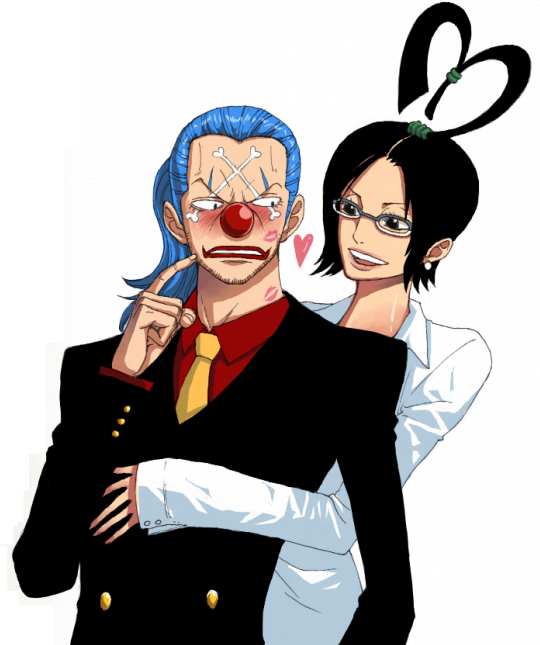 1girl, black_eyes, black_hair, blue_hair, blush, buggy_the_clown, couple, dress_shirt