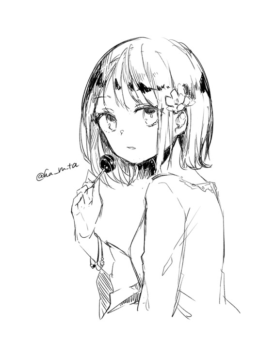 1girl, bangs, candy, character_request, cropped_torso, eyebrows_visible_through_hair, flower, food