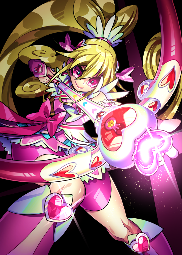 1girl, aida_mana, black_background, blonde_hair, bow, closed_mouth, cure_heart, curly_hair