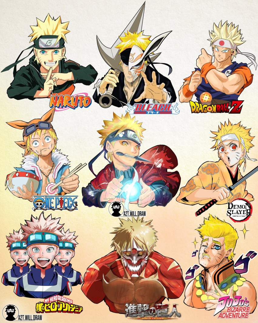 1boy, a2t_will_draw, araki_hirohiko_(style), bandana, bleach, blonde_hair, blue_eyes, boku_no_hero_academia