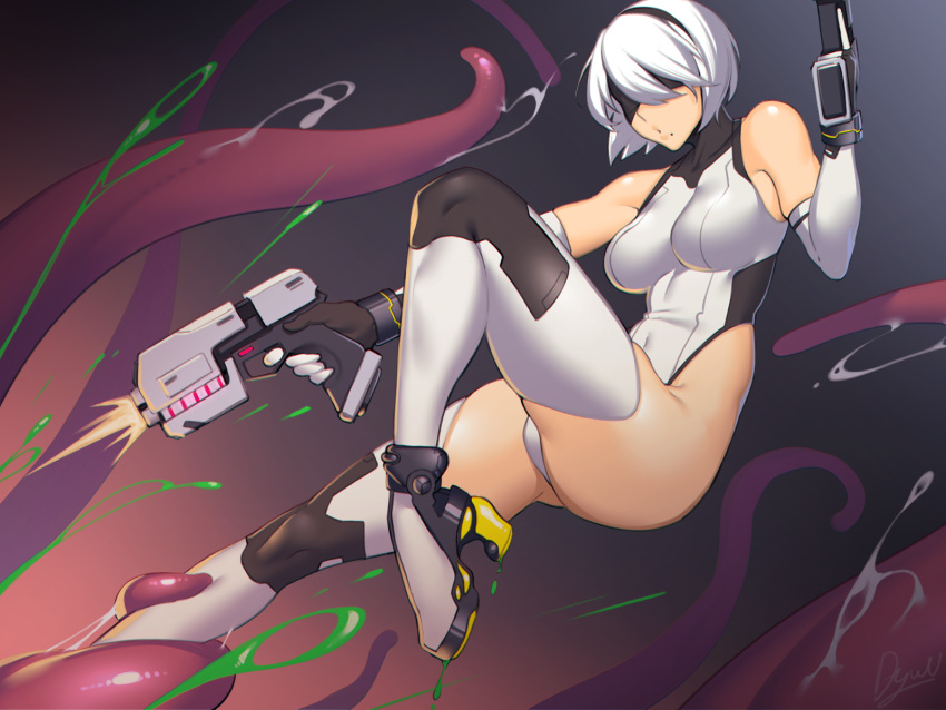 1girl, alternate_costume, bare_shoulders, black_blindfold, black_hairband, blindfold, boots, breasts