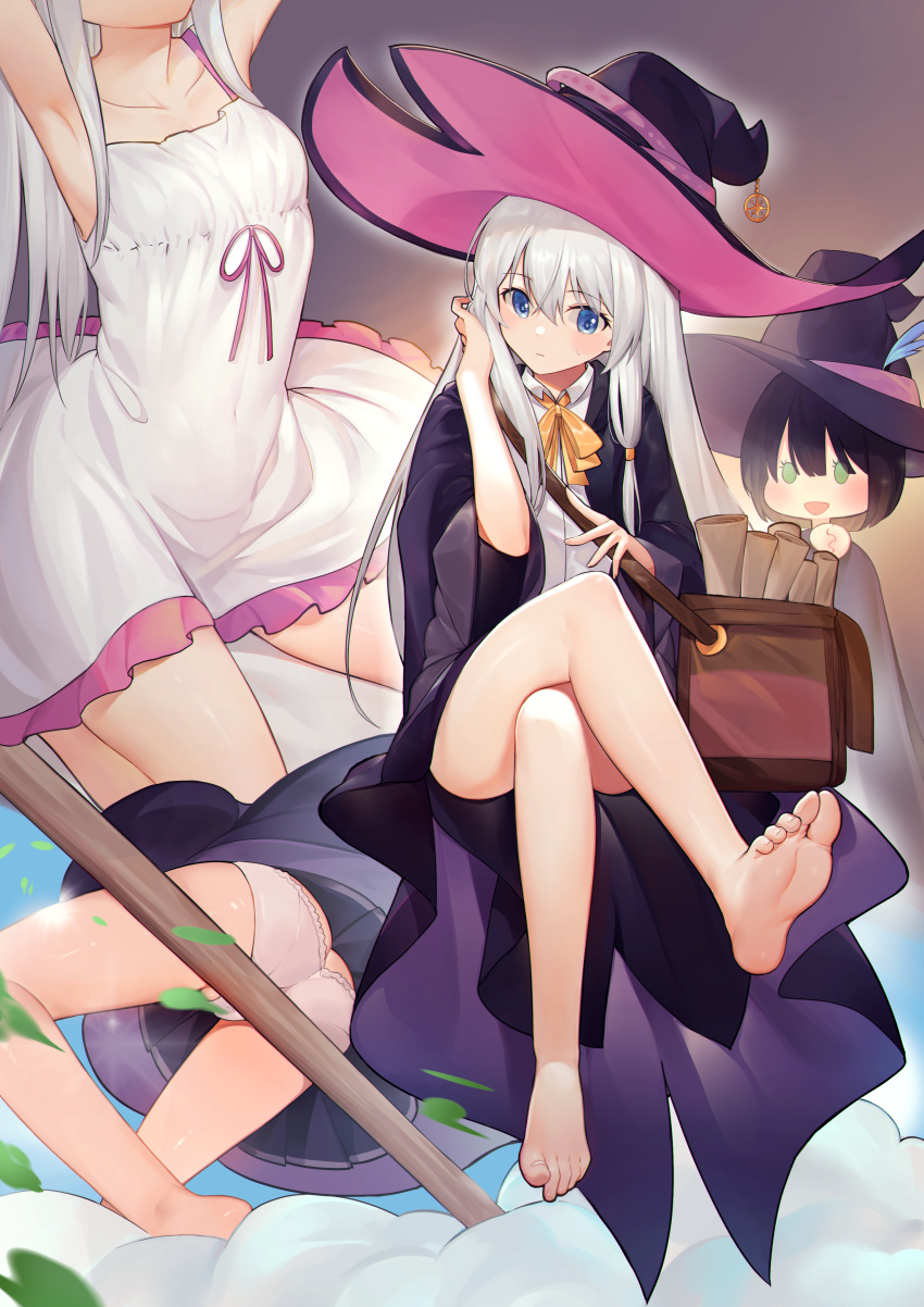 1girl, absurdres, barefoot, black_coat, black_headwear, black_robe, blue_eyes, broom